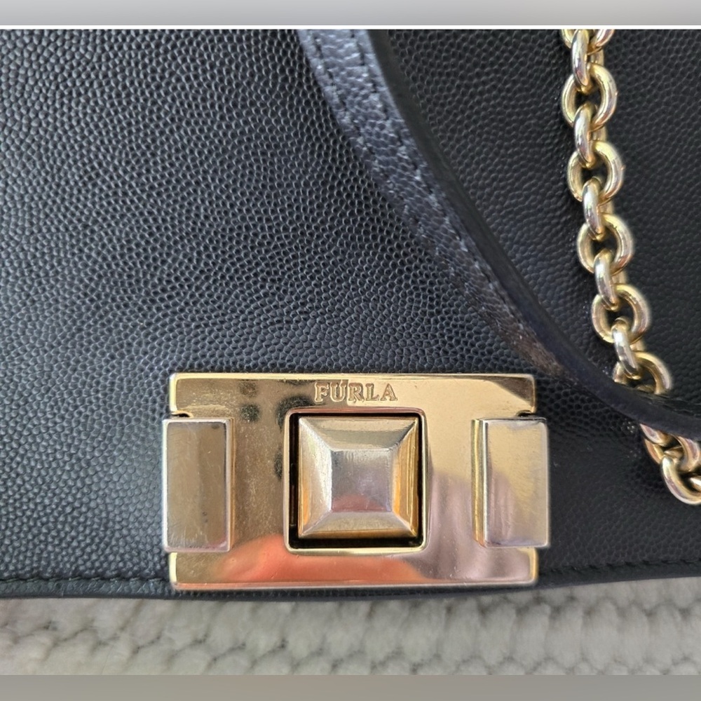 Furla Black Crossbody Bag with Gold Chain EUC - Picture 2 of 4
